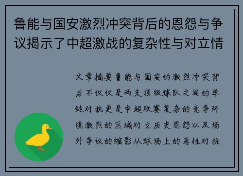 鲁能与国安激烈冲突背后的恩怨与争议揭示了中超激战的复杂性与对立情绪